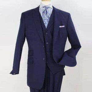 "Super 150's Merino Wool Men's Suit - Navy Blue, Wide Peak Lapel, Vested"